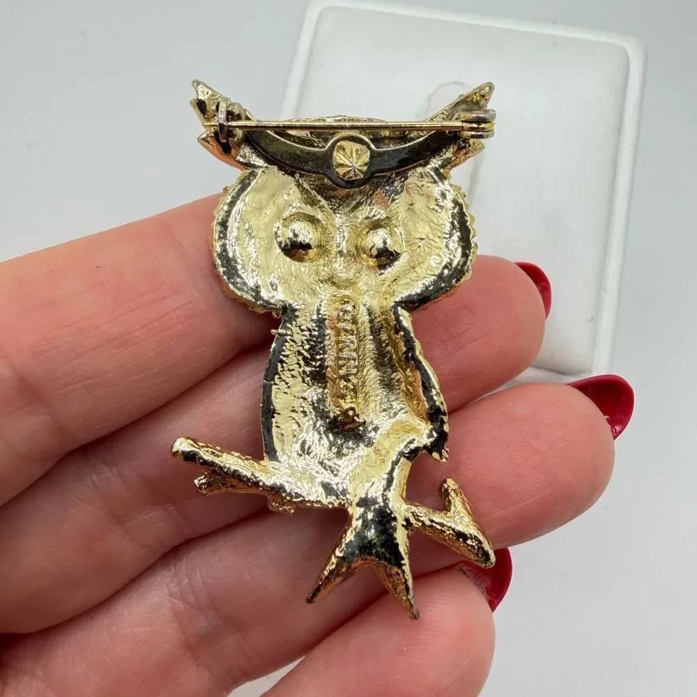 Vintage Gerry's gold tone owl‎ brooch/pin with red rhinestone eyes!